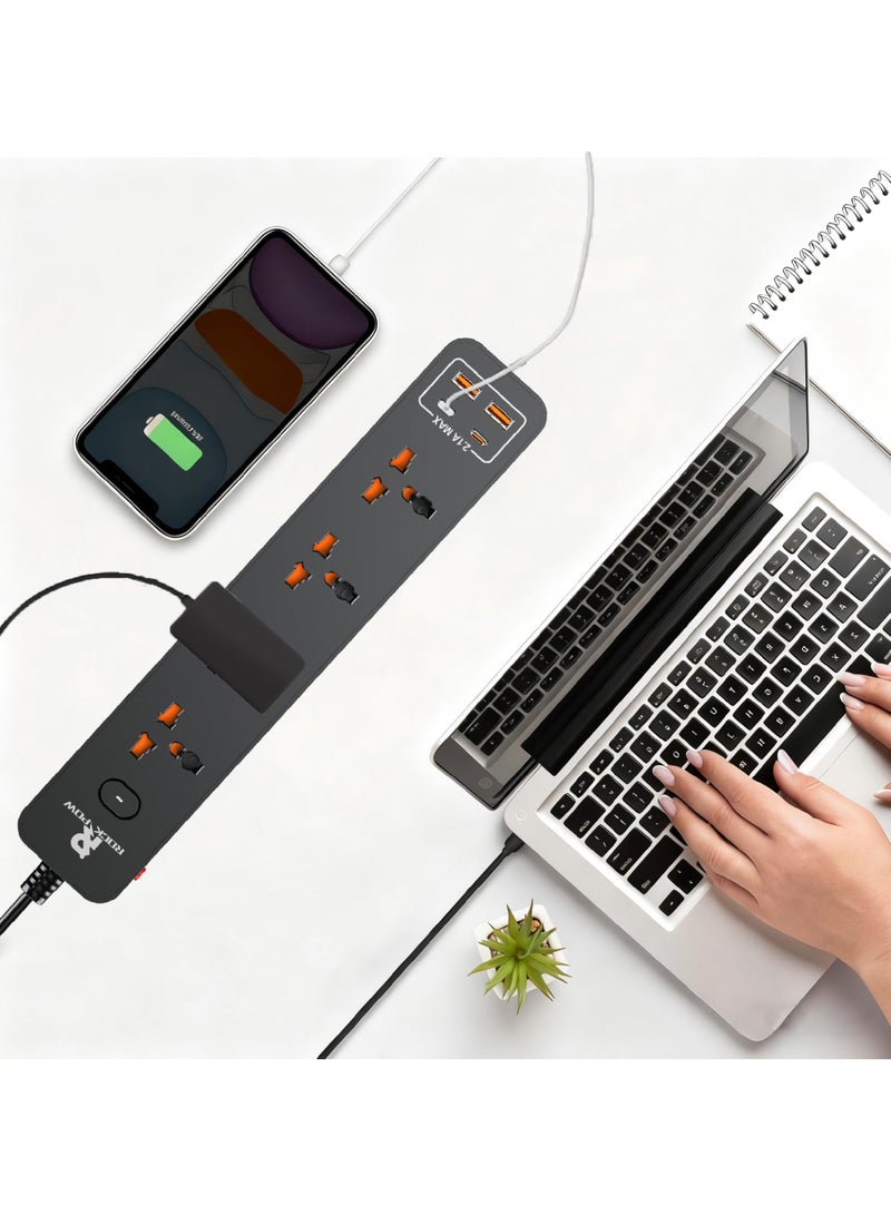 Rock Pow 5 meters Universal Extension Lead with Multiple Function UK Plug 3 Pin Socket Outlet with 4 Gang 2 USB Port 2 Type-C Port 5M Electric Socket Mains Strip for Home Kitchen and Office 5 meters ﻿ - Image 5