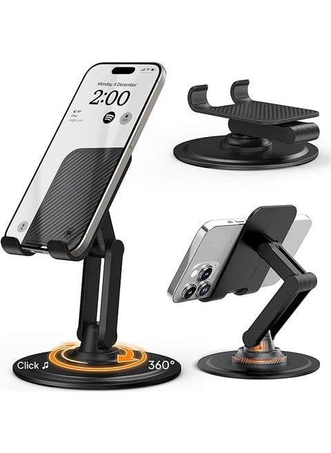 حامل كوبر 360 درجة قابل للتعديل للهاتف المحمول للمكتب، يدور بزاوية 360 درجة، قاعدة معدنية غير قابلة للانزلاق، حامل قابل للطي وقابل للحمل لهاتف آيفون للمكتب، حامل للهاتف المحمول باللون الأسود