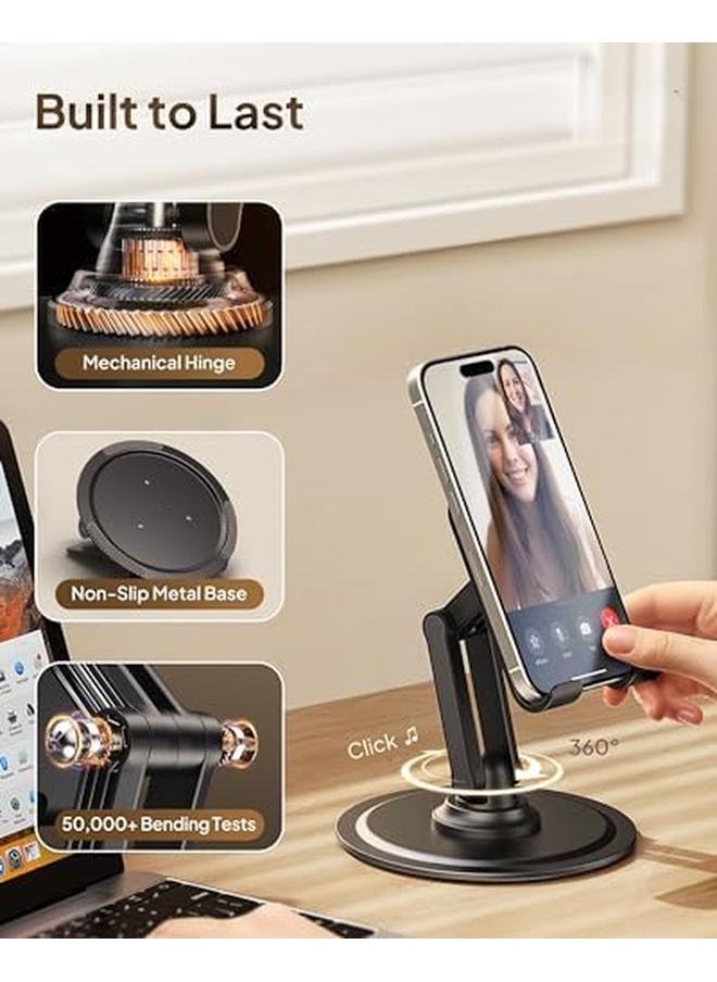 حامل كوبر 360 درجة قابل للتعديل للهاتف المحمول للمكتب، يدور بزاوية 360 درجة، قاعدة معدنية غير قابلة للانزلاق، حامل قابل للطي وقابل للحمل لهاتف آيفون للمكتب، حامل للهاتف المحمول باللون الأسود