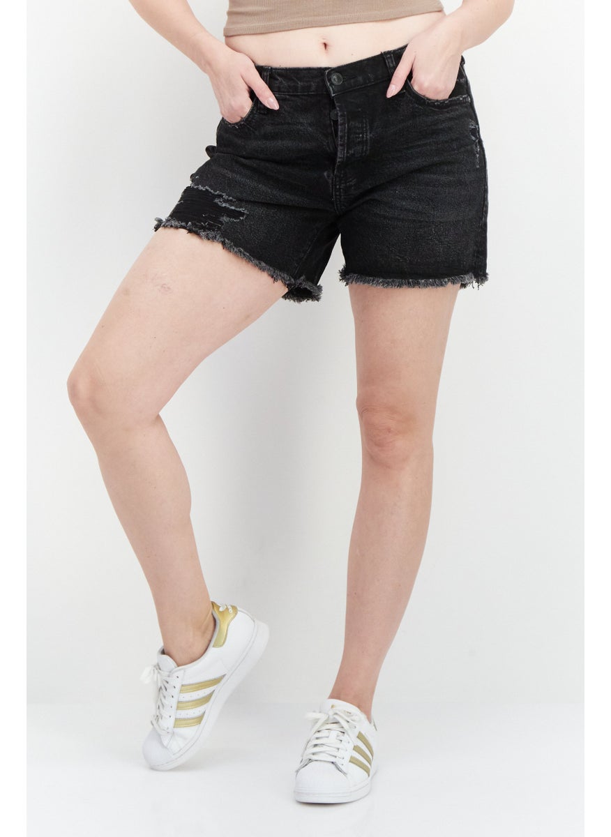 Earnest Sewn Women Ripped Denim Shorts, Black  - Image 1