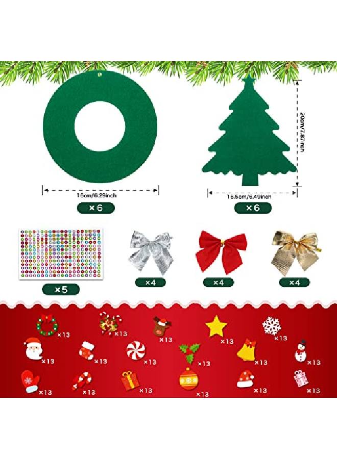 12 Pcs Felt Christmas Tree Wreath Craft Kit Christmas Diy Ornaments With 221 Self Adhesive Christmas Felt Stickers 12 Christmas Bows And 5 Gem Stickers For Christmas Kids (Novel Style6 Inch7.8 Inch)