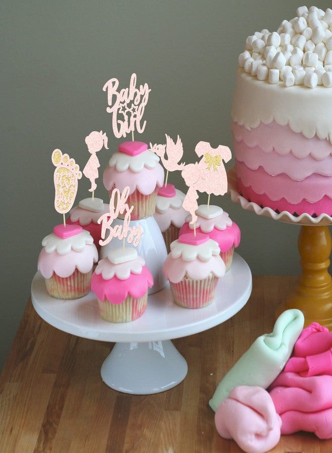 Ephlyn 24Pcs Oh Baby Cupcake Toppers Baby Girl Cupcake Toppers with Bow Dress Footprint Swan Light Pink Glitter Babyshower Gender Reveal Cake Picks Decorations for Baby Shower Its a Girl Birthday Party - Image 5