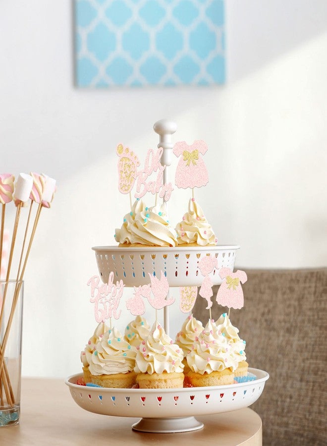 Ephlyn 24Pcs Oh Baby Cupcake Toppers Baby Girl Cupcake Toppers with Bow Dress Footprint Swan Light Pink Glitter Babyshower Gender Reveal Cake Picks Decorations for Baby Shower Its a Girl Birthday Party - Image 4