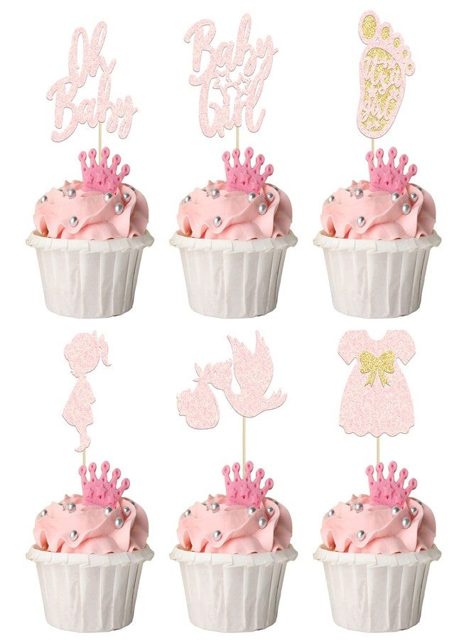 Ephlyn 24Pcs Oh Baby Cupcake Toppers Baby Girl Cupcake Toppers with Bow Dress Footprint Swan Light Pink Glitter Babyshower Gender Reveal Cake Picks Decorations for Baby Shower Its a Girl Birthday Party - Image 1