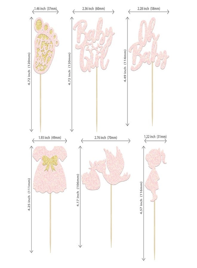 Ephlyn 24Pcs Oh Baby Cupcake Toppers Baby Girl Cupcake Toppers with Bow Dress Footprint Swan Light Pink Glitter Babyshower Gender Reveal Cake Picks Decorations for Baby Shower Its a Girl Birthday Party - Image 2