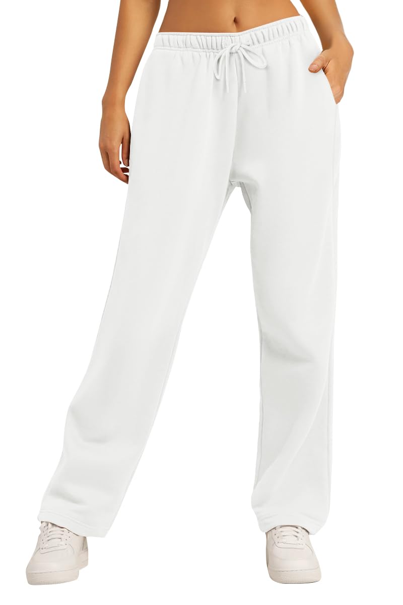 AUTOMET Women's Wide Leg Sweatpants Fleece Lined Baggy Straight Leg Lounge Pants Fall Outfits Athletic Joggers with Pockets White XS - Image 1