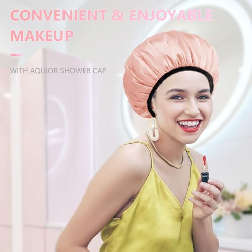 Aquior Shower Cap,Shower Cap for Women Reusable, Triple Layer Waterproof Bath Cap,Silky Satin Outer Layer Terry Lining, Extra Large for Women Long Hair(Champagne) - Image 5