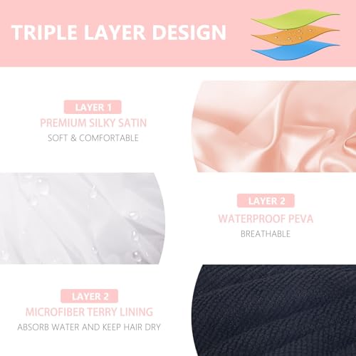 Aquior Shower Cap,Shower Cap for Women Reusable, Triple Layer Waterproof Bath Cap,Silky Satin Outer Layer Terry Lining, Extra Large for Women Long Hair(Champagne) - Image 3