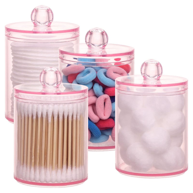 Tbestmax 4 pcs Qtips Holder Bathroom Container, 10 OZ Apothecary Jar, Pink Cotton Ball/Swabs Dispenser Organizer for Storage - Image 1