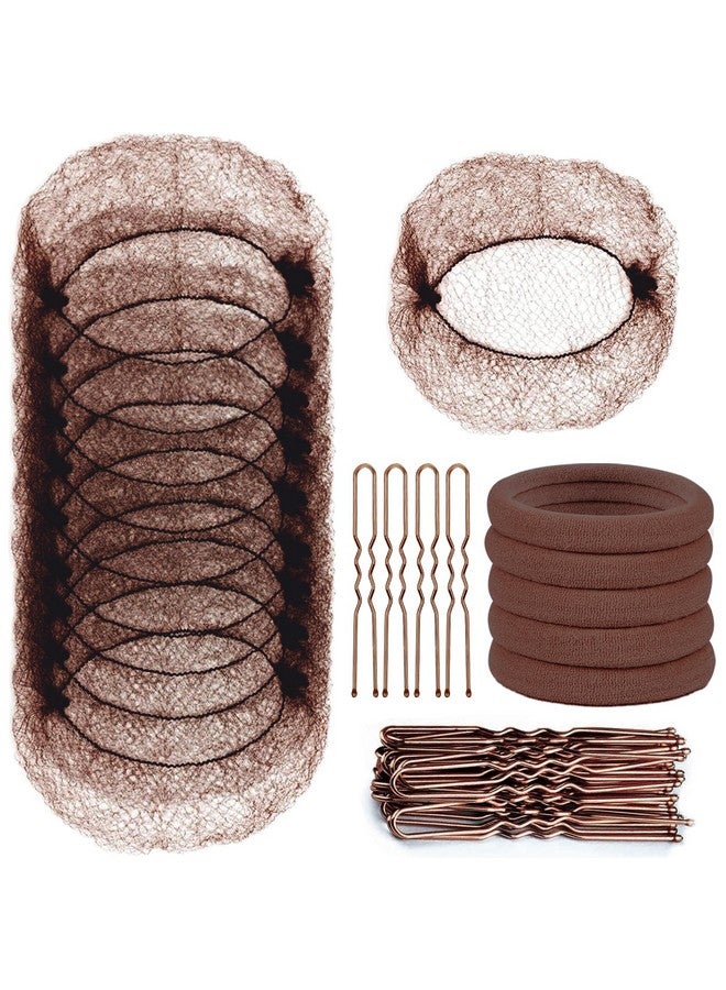 TsMADDTs Hair Nets and U Shaped Pins Set - 30 Hair Nets, 30 2.4 INCH Hair Pins, 5 Hair Bands, Brown - Image 1