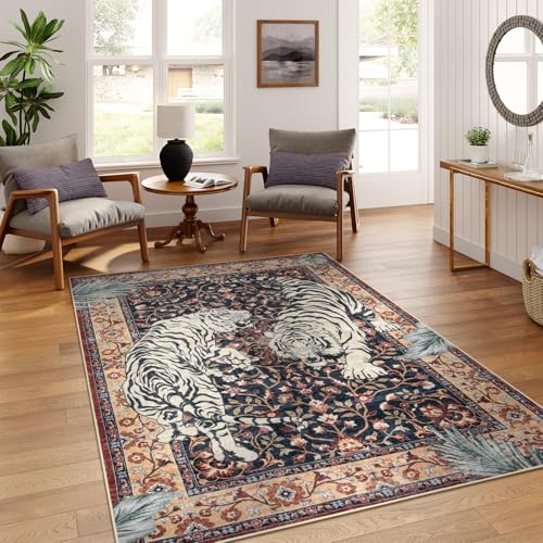 Moynesa Tiger Washable Area Rugs for Living Room 5x7 Vintage Soft Rug for Bedroom Non Slip Boho Ultra Thin Large Stain Resistant Throw Rug for Dining Guest Room Puce Red