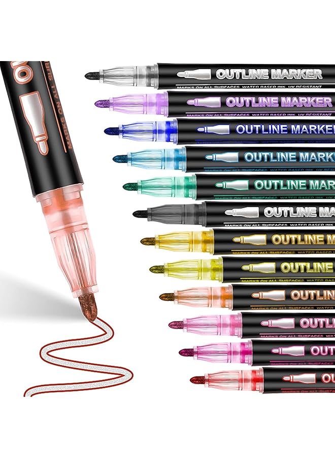 erorex Double Line Outline Pens 12 Colors Glotter Pens Outline Metalic Marker Writing Drawing Pens For Card Writing Birthday Greeting Painting Presents For Kids Diy Art Crafts Pack Of 12 - Image 1
