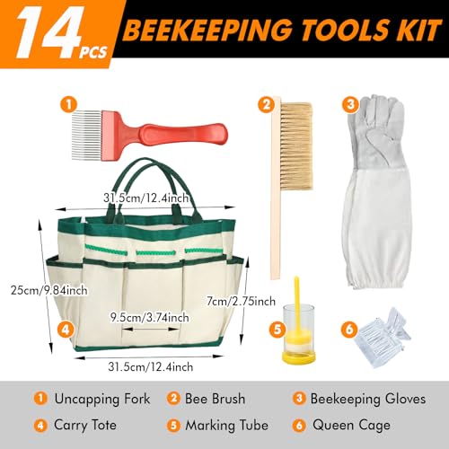 BeeCastle 14 Pcs Beekeeping Tools Starter Kit, Bee Keeping Supplies-All Bee Hive Tools Kit with Organizer Tote and Beekeeping Gloves for Beginners and pro Beekeepers - Image 3
