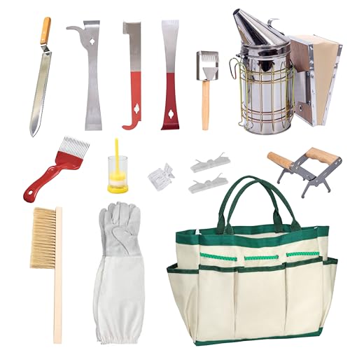 BeeCastle 14 Pcs Beekeeping Tools Starter Kit, Bee Keeping Supplies-All Bee Hive Tools Kit with Organizer Tote and Beekeeping Gloves for Beginners and pro Beekeepers - Image 1