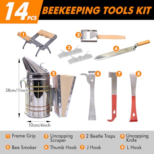 BeeCastle 14 Pcs Beekeeping Tools Starter Kit, Bee Keeping Supplies-All Bee Hive Tools Kit with Organizer Tote and Beekeeping Gloves for Beginners and pro Beekeepers - Image 2