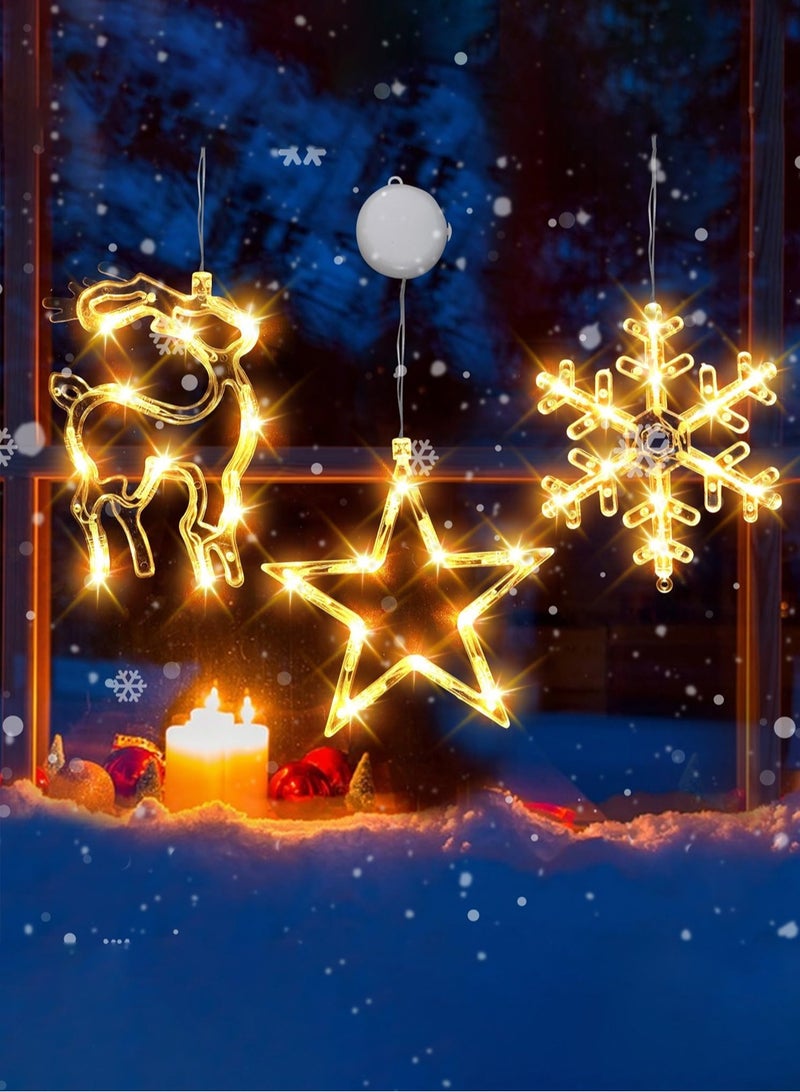 LOOPITYS Three window lights for New Year, balcony, party, indoor and outdoor decoration, and battery powered snowflake, star, and reindeer shaped suction cup pendant lights for window decoration - Image 1