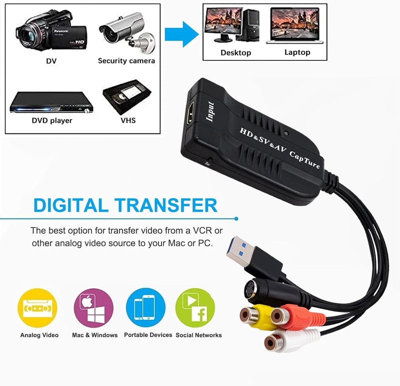 USB Video Capture Card, HDMI/AV/RCA/S-Video to USB2.0 Audio Video Capture Device 1080P30fsp Hi8, VCR, VHS to Digital Converter for Camcorder DVD PS4 Live Streaming Compatible with Mac Windows - Image 5