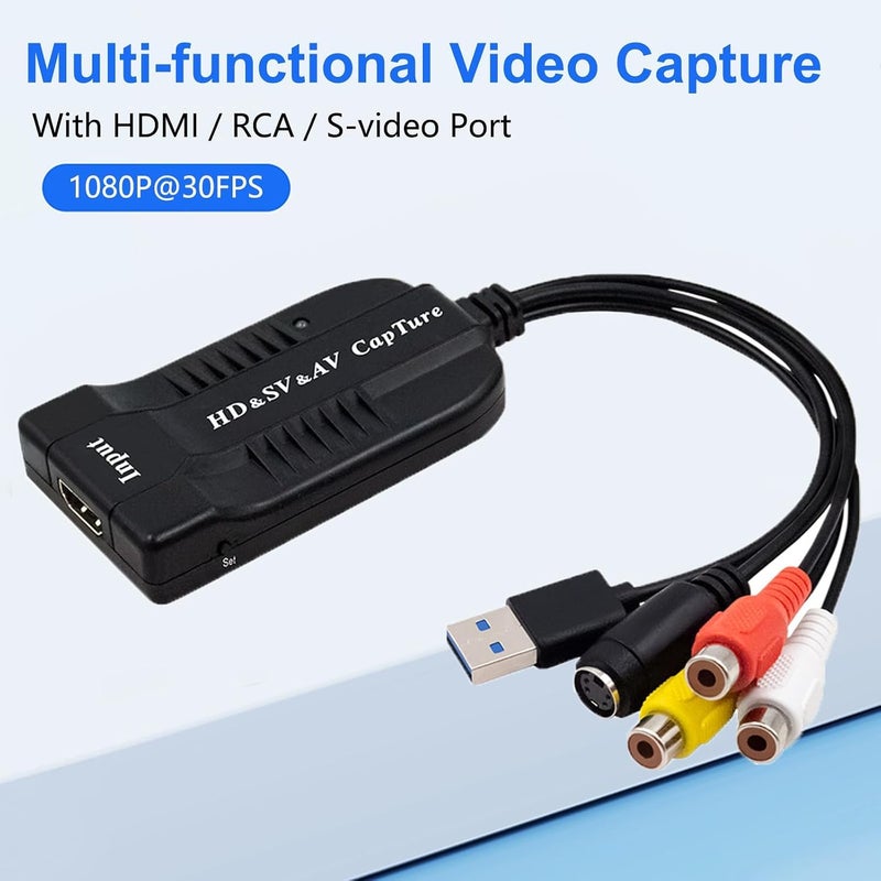 USB Video Capture Card, HDMI/AV/RCA/S-Video to USB2.0 Audio Video Capture Device 1080P30fsp Hi8, VCR, VHS to Digital Converter for Camcorder DVD PS4 Live Streaming Compatible with Mac Windows - Image 2