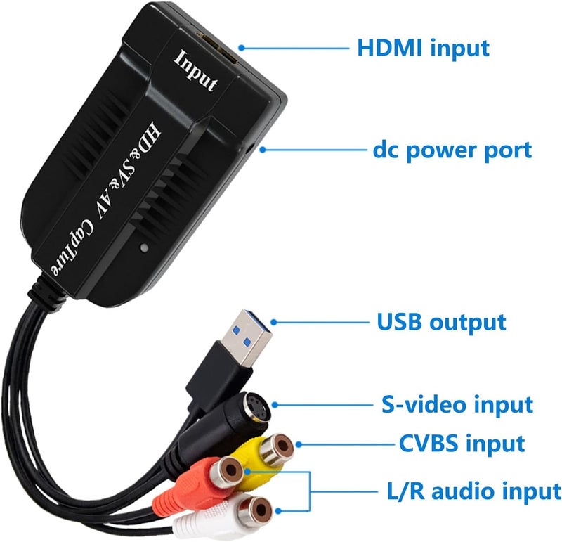 USB Video Capture Card, HDMI/AV/RCA/S-Video to USB2.0 Audio Video Capture Device 1080P30fsp Hi8, VCR, VHS to Digital Converter for Camcorder DVD PS4 Live Streaming Compatible with Mac Windows - Image 3