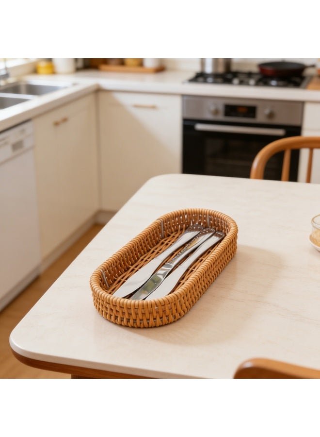 1pcs Hand Woven Oval Tableware Organizer Tray，Moisture-Proof  Kitchen Multifunctional Rattan Storage Basket，Durable Large Capacity Utensils Holder For Countertop - Image 1