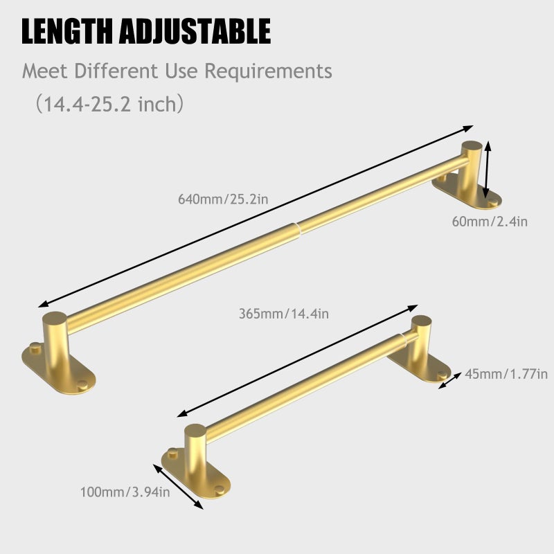 MIROAMZ Towel Bar, Adjustable 14.4inch - 25.2inch Towel Rack, Self Adhesive & Wall Mounted for Bathroom Kitchen Hand Towel Holder Cloths Hanger 304 Stainless Steel Organizer Single Bar (1, Gold) - Image 3