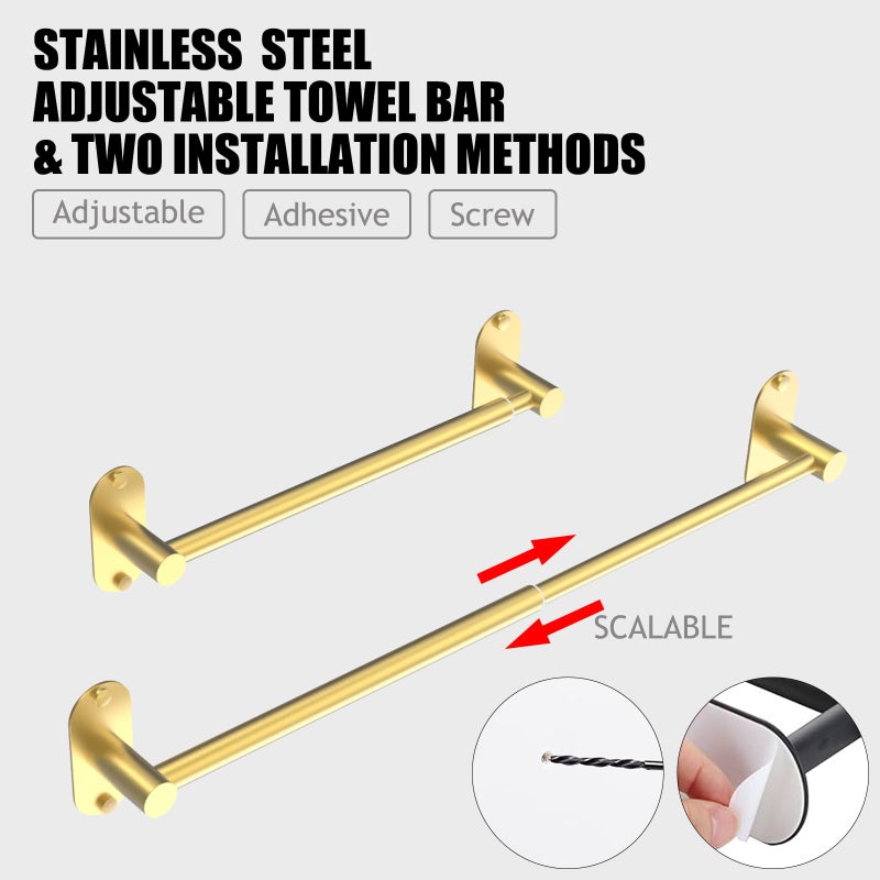 MIROAMZ Towel Bar, Adjustable 14.4inch - 25.2inch Towel Rack, Self Adhesive & Wall Mounted for Bathroom Kitchen Hand Towel Holder Cloths Hanger 304 Stainless Steel Organizer Single Bar (1, Gold) - Image 2