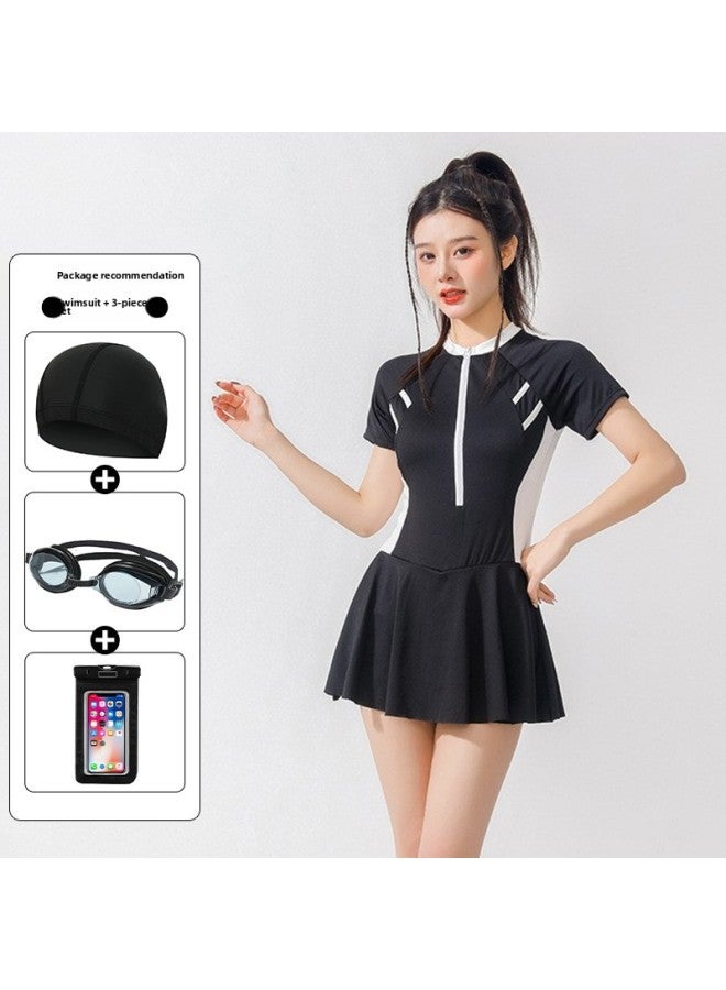Sports One-piece Boxer Women's Swimwear Conservative Slim Belly-covering Sunscreen Swimming Fashion Hot Spring Swimwear-Color:6301 Ladies Black And White + Three-piece Set-  - Image 1