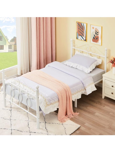 Elegant metal bed, single size, white color || 190 cm * 90 cm