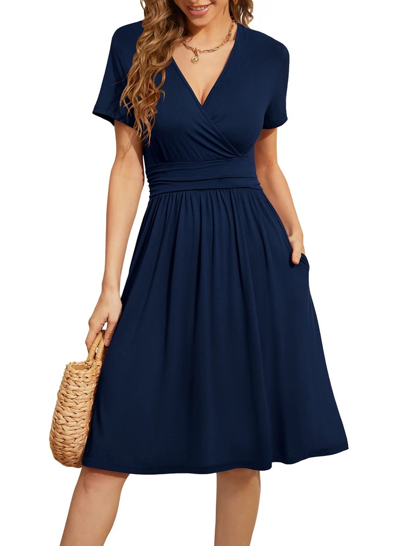 WEACZZY Womens Dresses Short Sleeve Casual Summer Dress V-Neck Party Dress with Pockets,Navy Blue,S - Image 5