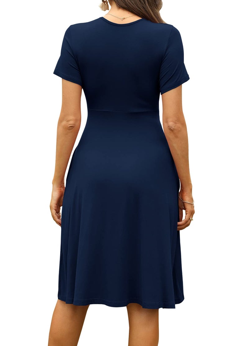WEACZZY Womens Dresses Short Sleeve Casual Summer Dress V-Neck Party Dress with Pockets,Navy Blue,S - Image 3