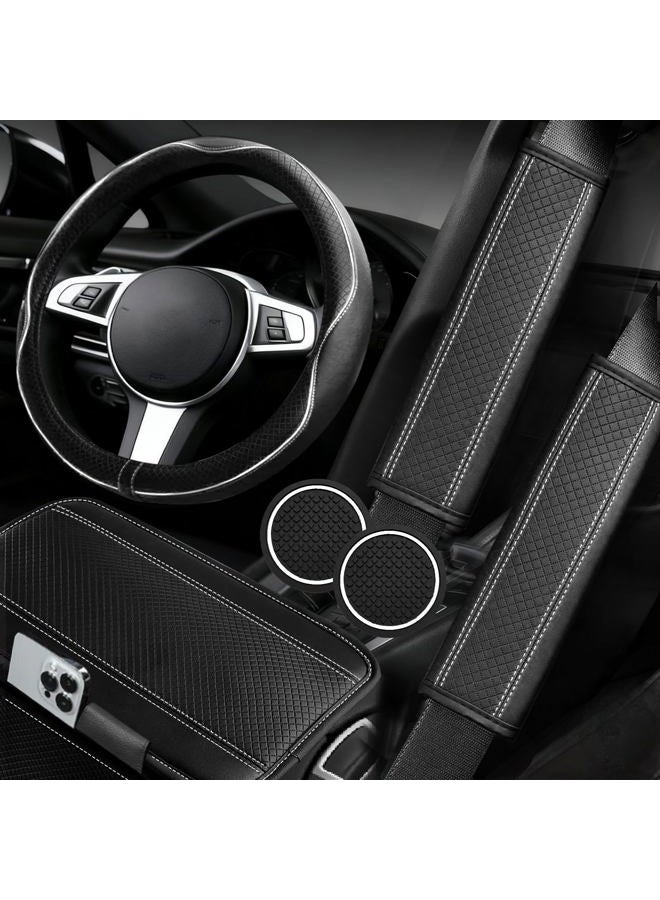 NBTEPEM 6 PCS Car Steering Wheel Cover Set, Microfiber Leather Steering Wheel Covers Universal 14.5-15 inch, Center Console Cover, Seat Belt Cushion, Cup Holder Coaster, Car Accessories Set White - Image 1