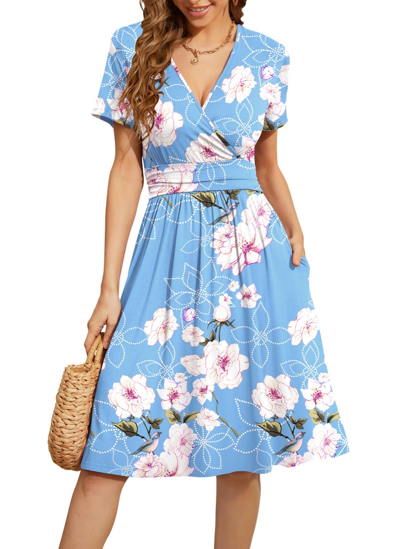 فستان صيفي للنساء WEACZZY 2025 بخصر إمبراطوري مزخرف بالأزهار بطول الركبة مزهر أزرق فاتح L