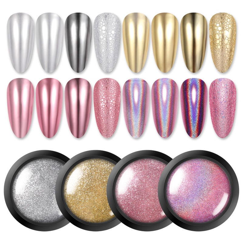 Born Pretty Chrome Nail Powder Metallic Mirror Powder Holographic Pigment Powder Manicure Nail Art Decoration Sets Silver Gold Pink Rose Gold 4 Boxes