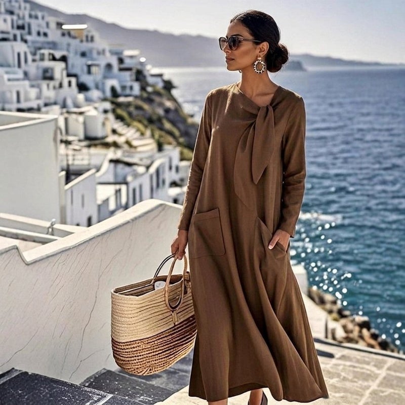 2026 Spring/Summer New Arrival: Elegant Bow Neck Casual Long-Sleeve  Dress - Image 4