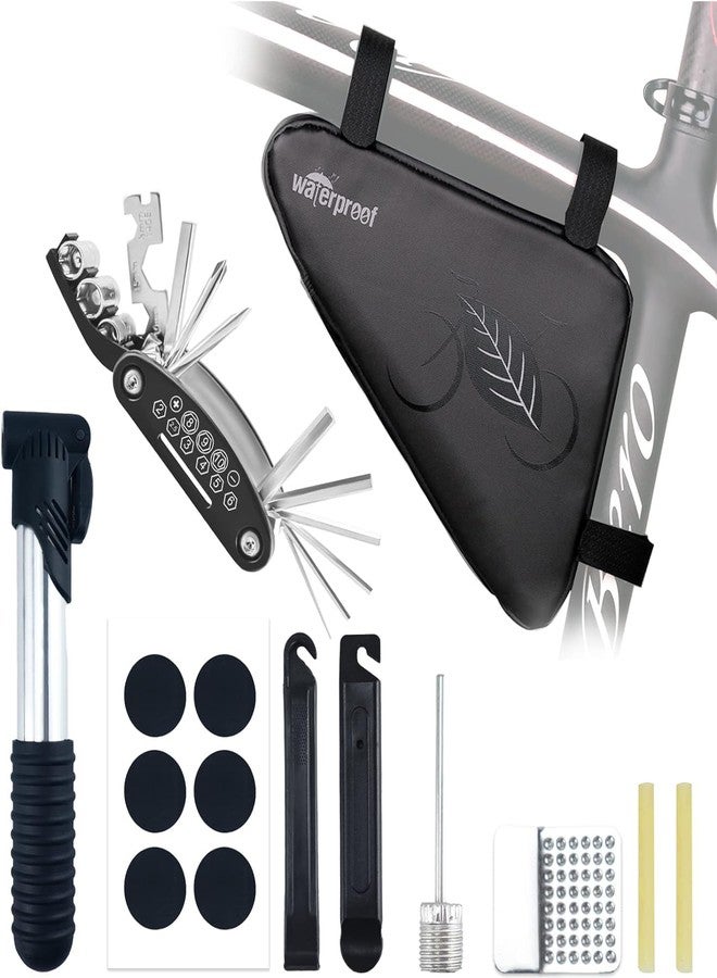 NDakter Bike Accessories with Tire Repair, Waterproof Bike Frame Storage Bag, Bicycle Pump, 16 in 1 Multitool & Bike Tyre Lever Patch, Portable Bike Repair Tool Kit for Road MTB Mountain Bike Cycling - Image 1