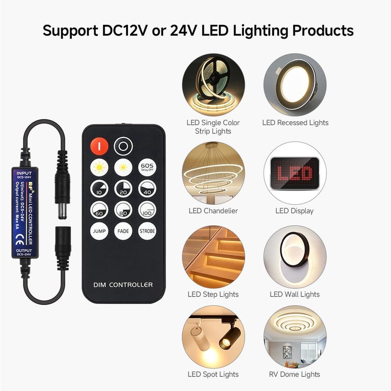 BTF-LIGHTING وحدة تحكم ديمر RF Mini 14 مفتاح لأضواء الشريط FCOB 3014 5630 5730 3528 DC5V/DC12V/DC24V وضع السطوع وضع التأثير وحدة تحكم ديمر LED لاسلكية (لون واحد) - Image 2