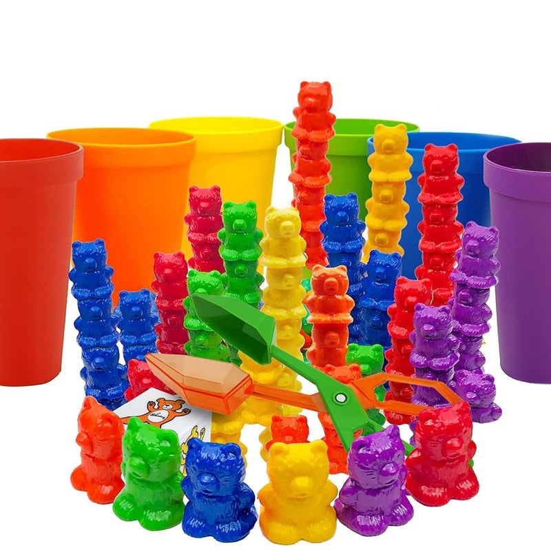 Skoolzy Rainbow Stacking Bears with Matching Sorting Cups 69 Piece Set 60 Bear counters Scissor Tongs Rainbow Cups Storage Bag Sorting dice Game - Image 4