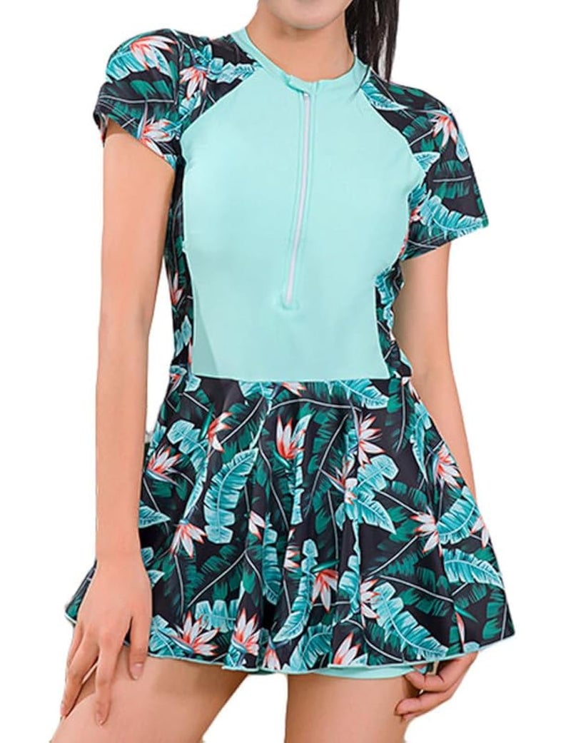 JadeRich Teen Girls One Piece Short Sleeve Swim Dress Rash Guard Bathing Suit Skirted Zip Front Swimwear Green - Image 1
