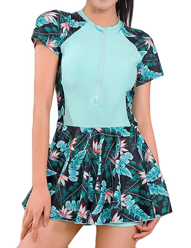 JadeRich Teen Girls One Piece Short Sleeve Swim Dress Rash Guard Bathing Suit Skirted Zip Front Swimwear Green - Image 2