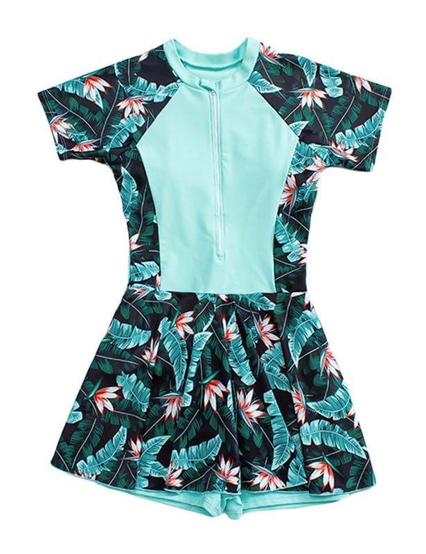 JadeRich Teen Girls One Piece Short Sleeve Swim Dress Rash Guard Bathing Suit Skirted Zip Front Swimwear Green - Image 5