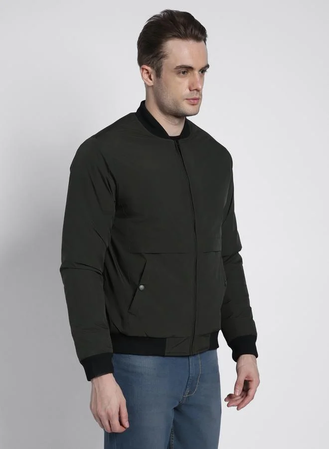 Dennis Lingo Riffle Green Regular Fit Men's Solid Rib Collar Full Sleeves Polyester Jacket with Zipper Closure