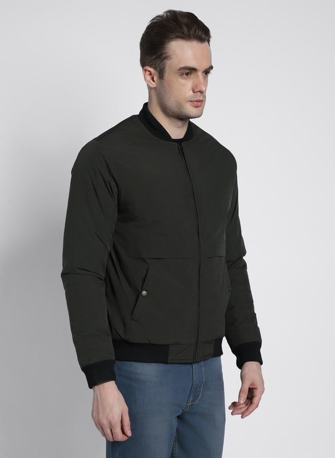 Dennis Lingo Riffle Green Regular Fit Men's Solid Rib Collar Full Sleeves Polyester Jacket with Zipper Closure  - Image 3
