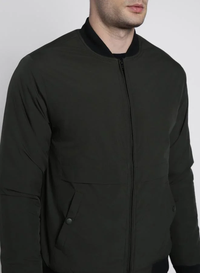 Dennis Lingo Riffle Green Regular Fit Men's Solid Rib Collar Full Sleeves Polyester Jacket with Zipper Closure