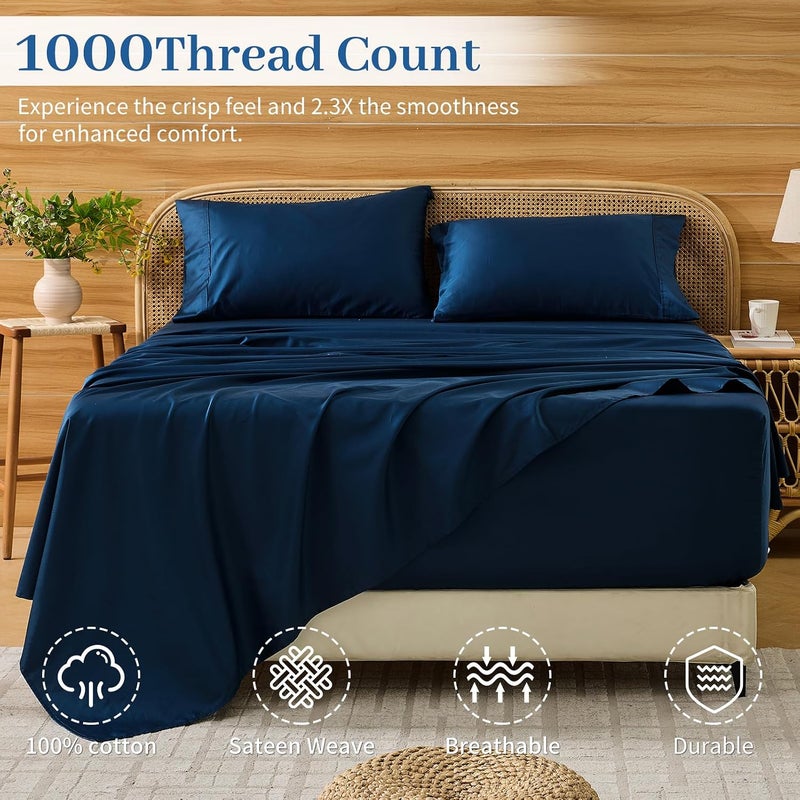 Bedlifes Deep Pocket Sheets 18-24 Inch, Queen Size Egyptian Cotton 1000 Thread Count, 4-Piece - Fits Extra Thick Mattresses, Cooling & Breathable (Navy) - Image 2