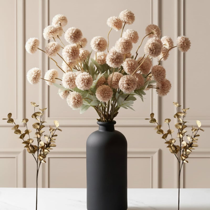 Beige Fake Flowers Silk 10 Mum Stems Eucalyptus Arrangement Faux Flowers For Vase Artificial Mums Mini Floral Long Stem Tan Nude Cream Neutral Floral Chrysanthemum Pom Pom Floral Arrangement