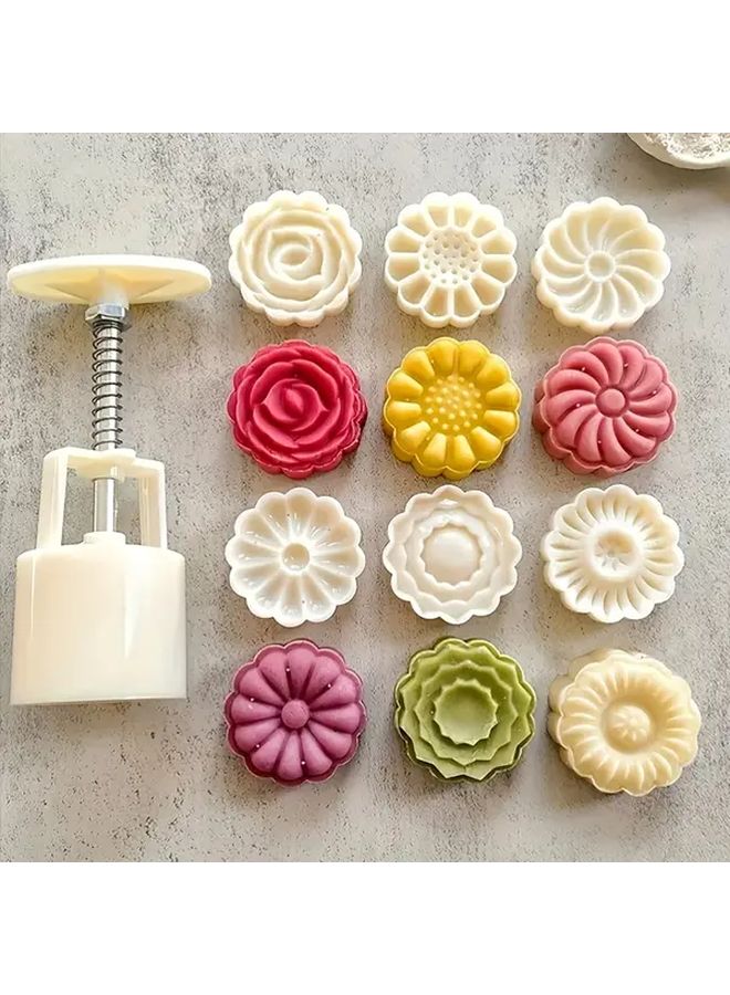 White Flowers 7pcs Chrysanthemum Rose Mooncake Mold Nonstick Hand Pressed Baking Tool - Image 1