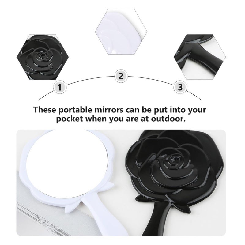 Portable Handheld Makeup Mirror Rose Shaped Vintage Vanity Mirror with Light Black White 2 Pack - Image 4