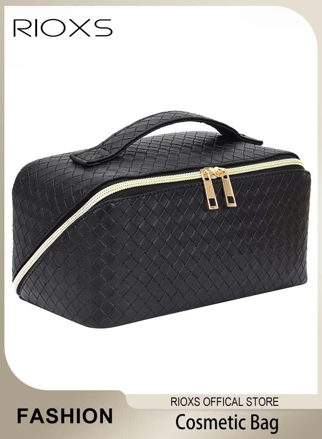 RIOXS Large-Capacity Travel Cosmetic Bag, Leather Makeup Bag with Handle, Waterproof Portable Toiletry Bag, Multifunctional Make up Organizer with Separate Inner Pockets for Organized Storage, 24*11*12cm - Image 1