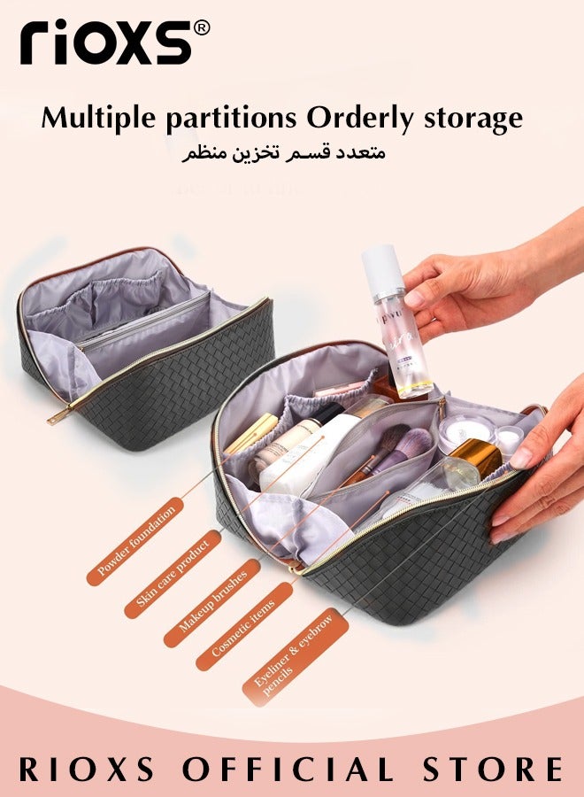 RIOXS Large-Capacity Travel Cosmetic Bag, Leather Makeup Bag with Handle, Waterproof Portable Toiletry Bag, Multifunctional Make up Organizer with Separate Inner Pockets for Organized Storage, 24*11*12cm - Image 4