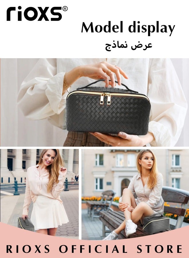 RIOXS Large-Capacity Travel Cosmetic Bag, Leather Makeup Bag with Handle, Waterproof Portable Toiletry Bag, Multifunctional Make up Organizer with Separate Inner Pockets for Organized Storage, 24*11*12cm - Image 3